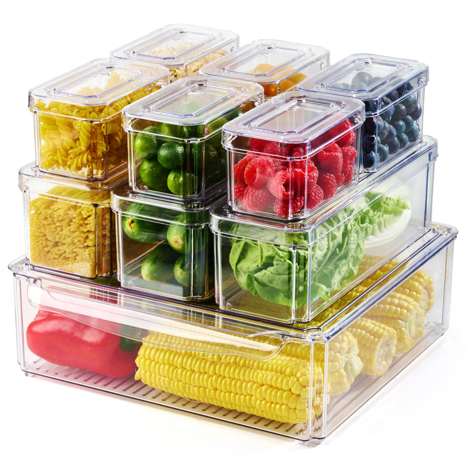Luckore clear fridge organizer bins stackable with lids for tidy storage.