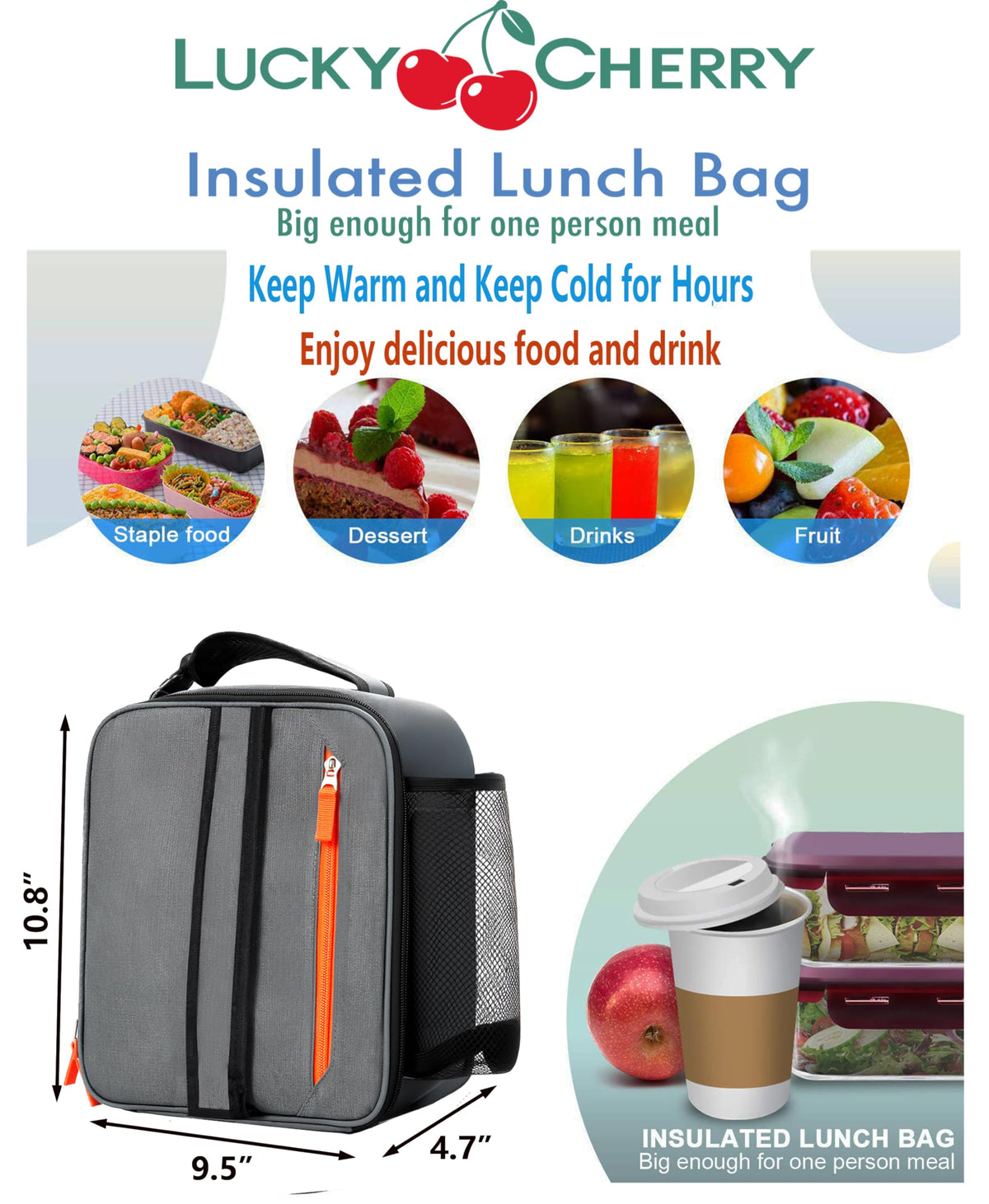 LUCKY CHERRY lunch box side pocket for water bottle access