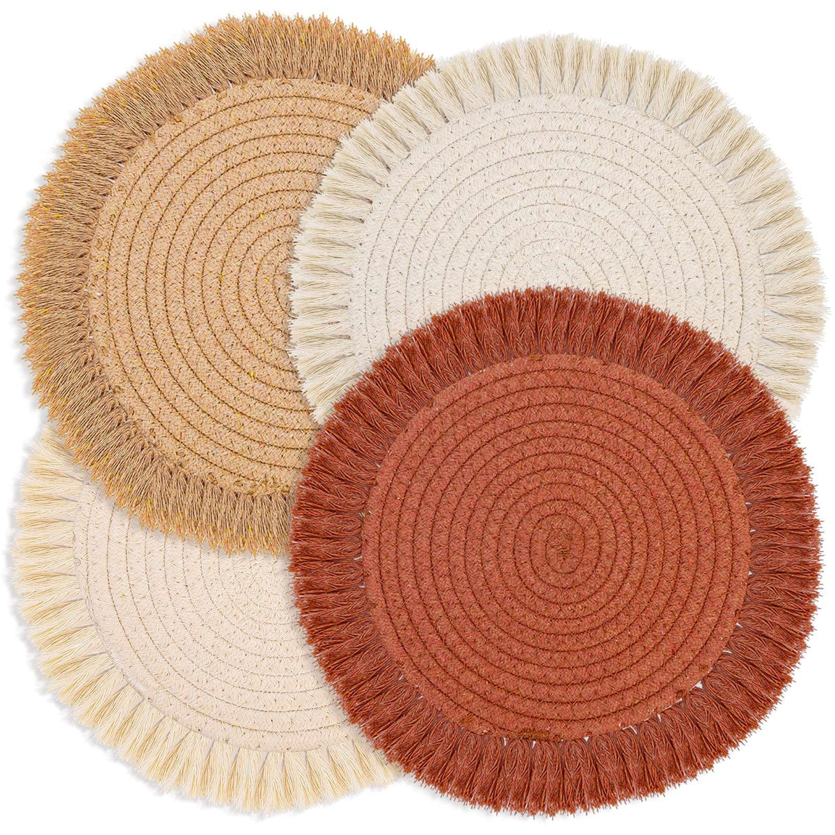 Lucomb 13-inch round placemat with boho tassels for rustic table styling.