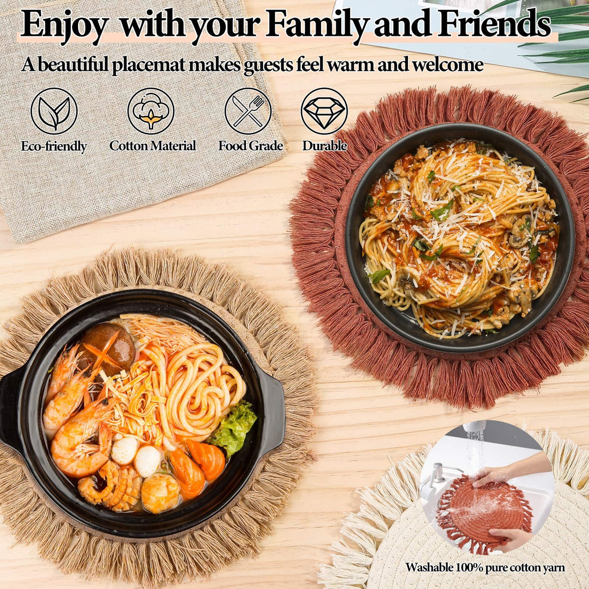 Lucomb round placemats suit farmhouse, rustic, and boho dining styles.