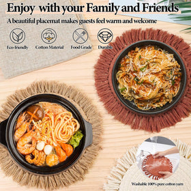Lucomb round placemats suit farmhouse, rustic, and boho dining styles.