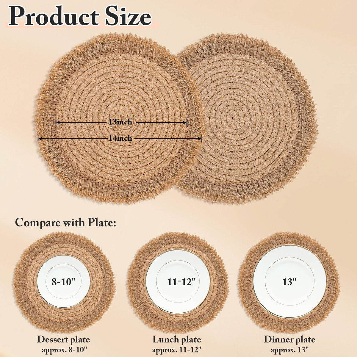 Lucomb placemats show woven cotton macrame texture and natural charm.