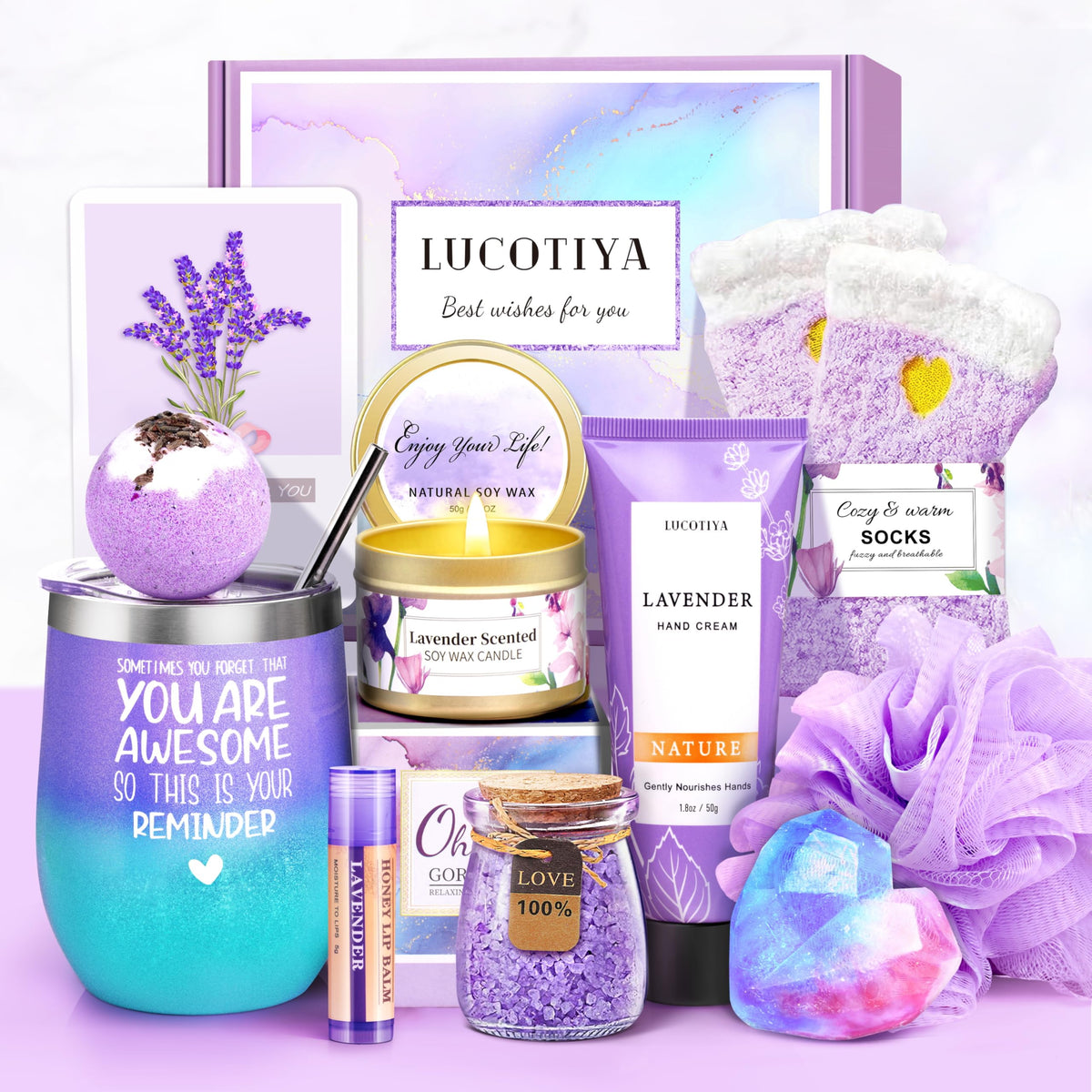 Lucotiya gifts for women box set—curated self-care bundle ideal for birthdays.
