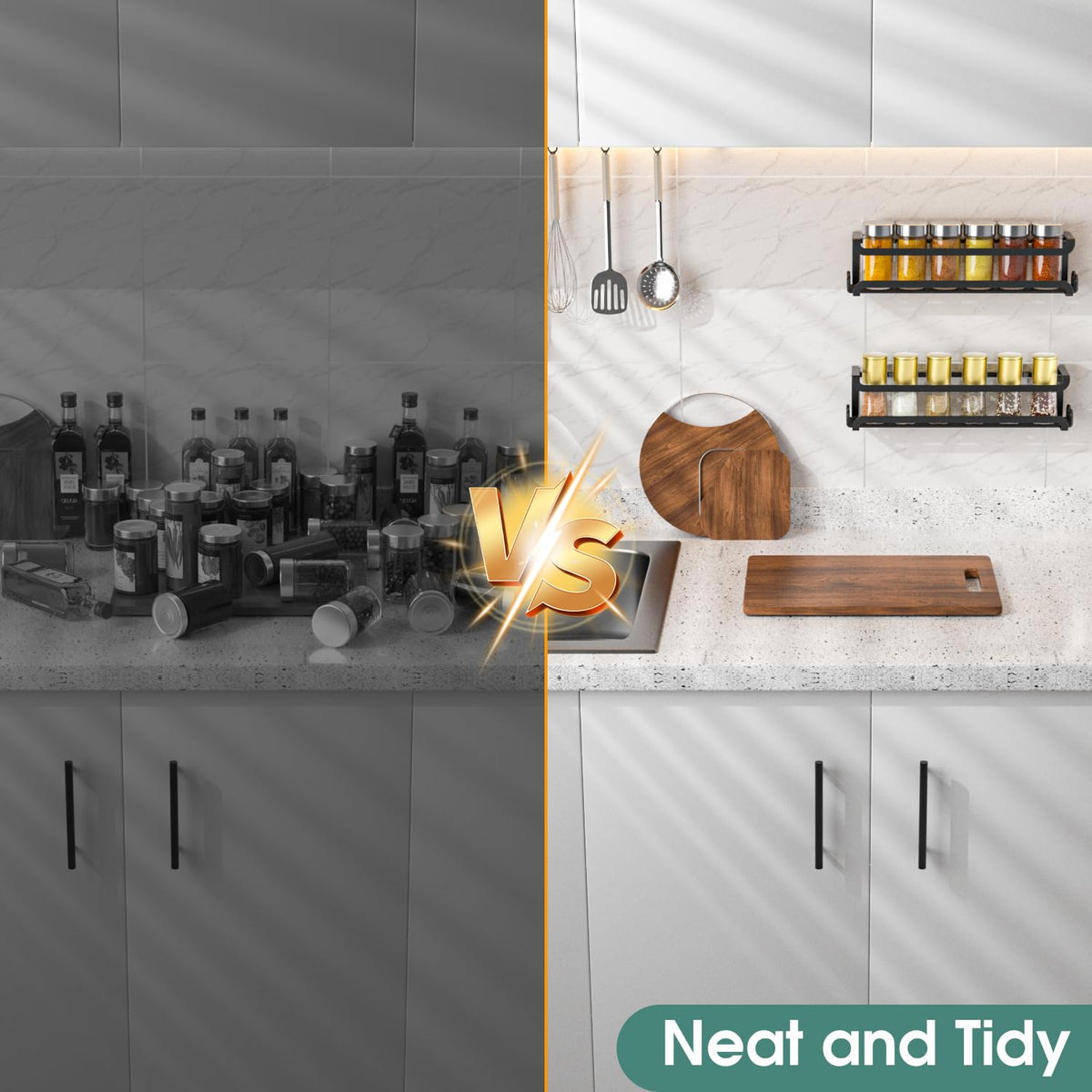 Mounts on wall, stove area, pantry, or RV for easy reach.