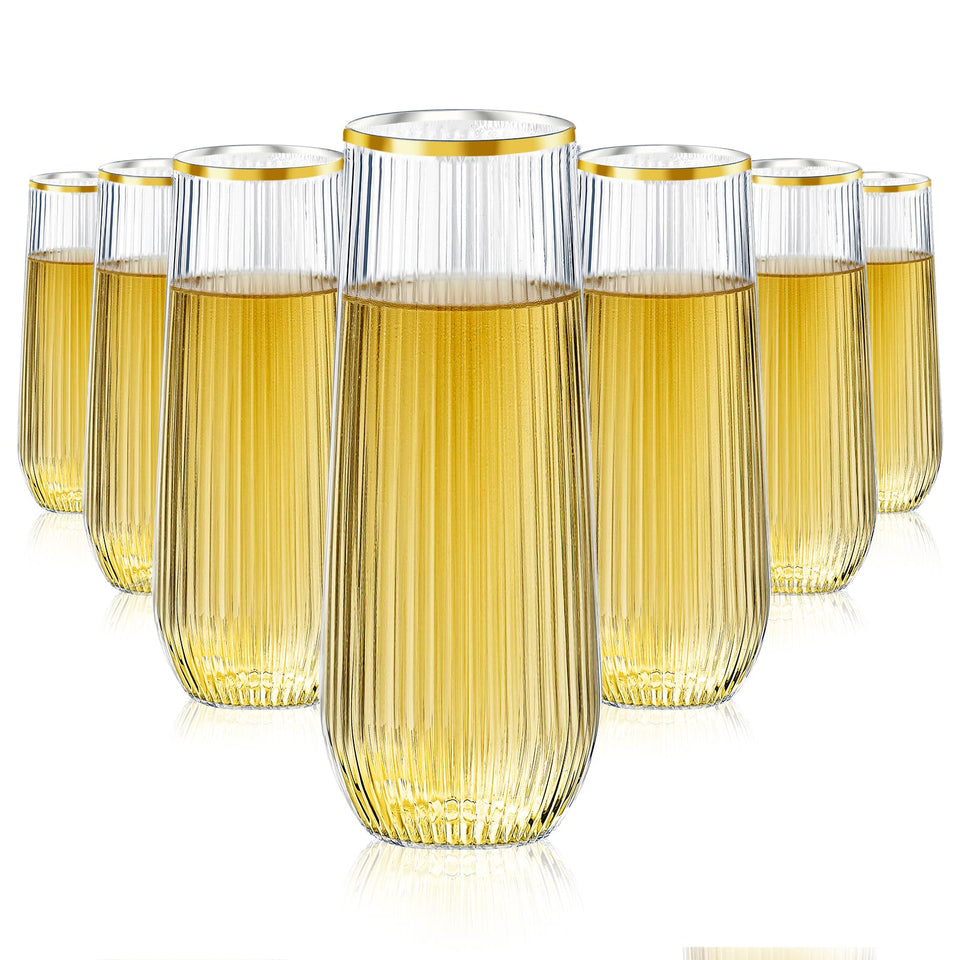 Lueumxc 9 oz ribbed stemless flute for weddings and parties; crack-resistant and easy to clean