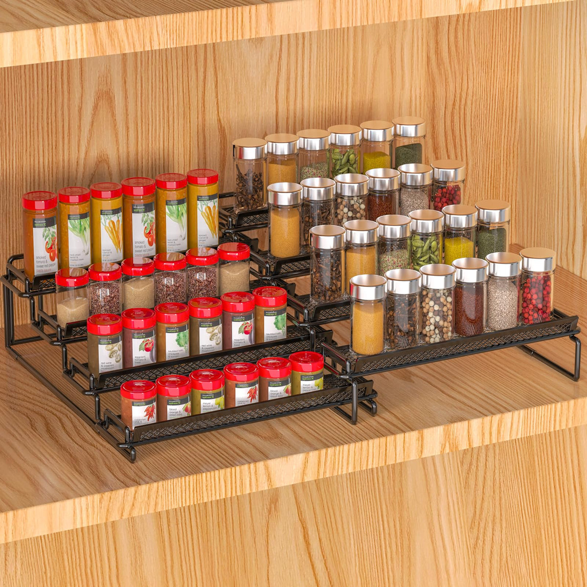 LUHENPING 4-tier spice rack keeps jars organized and visible in cabinet.