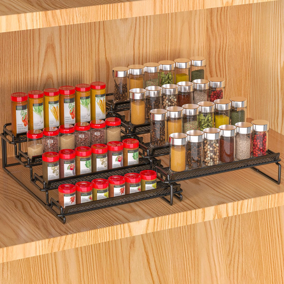 LUHENPING 4-tier spice rack keeps jars organized and visible in cabinet.