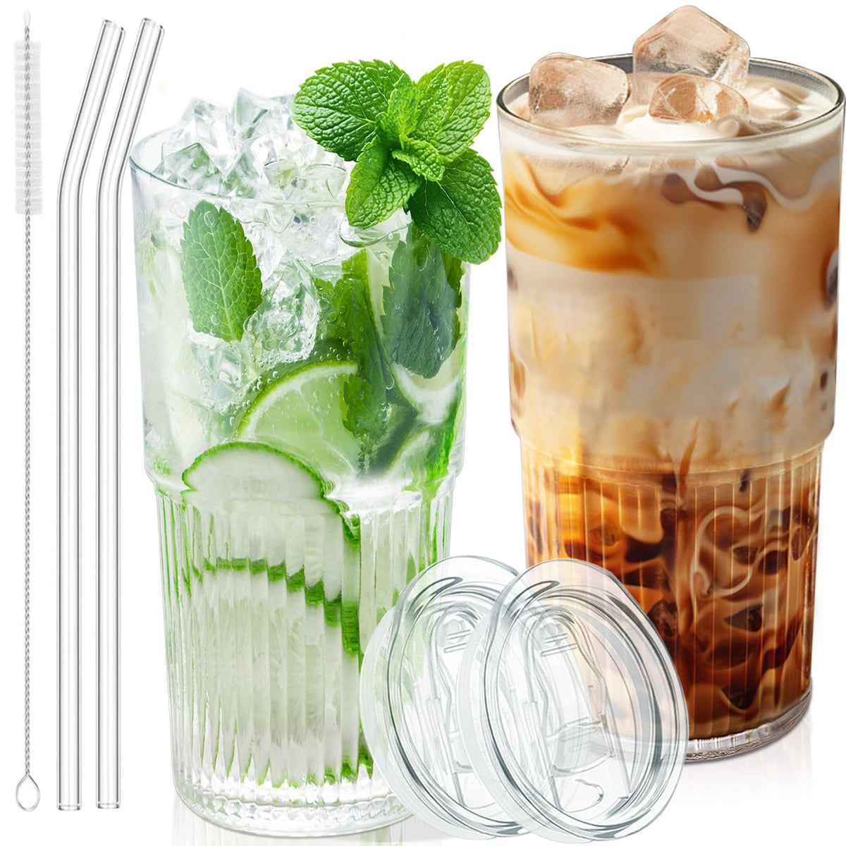 Luiaiog 18.5oz glass tumbler set with lids and straws for iced drinks.