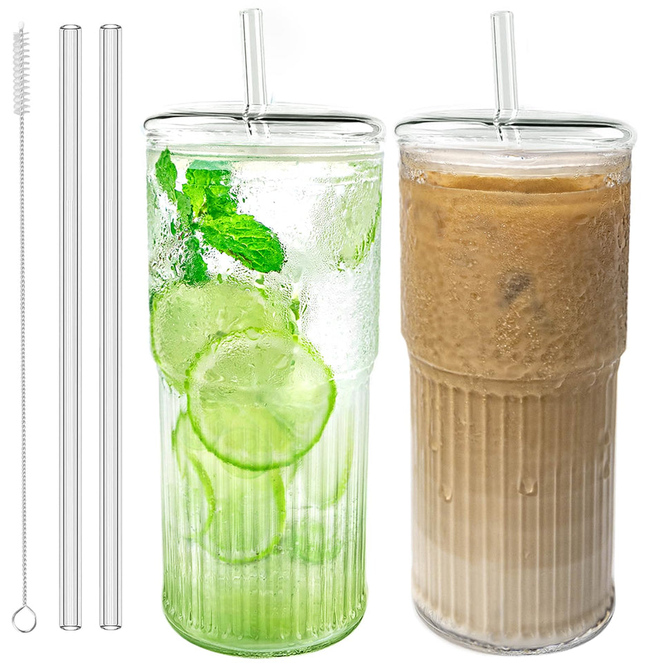 Luiaiog glass cups with lids and straws, 20oz set ideal for iced coffee and smoothies.