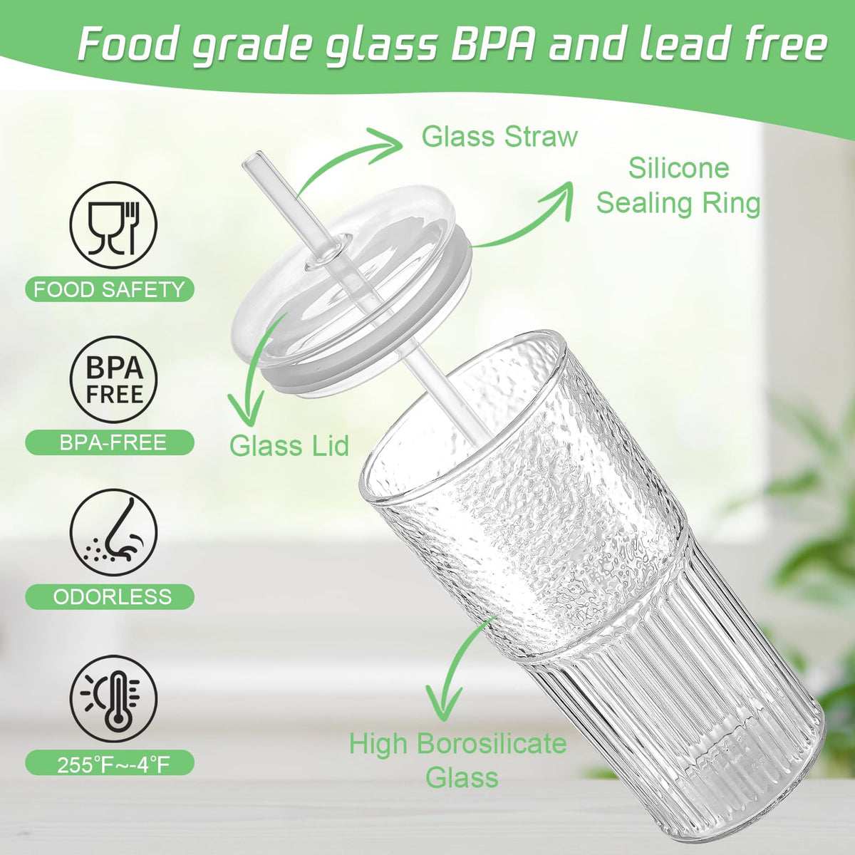 Luiaiog leak-proof glass tumbler with sealing ring prevents spills while sipping.
