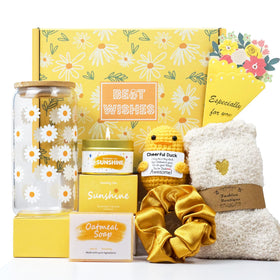 LUICONMO gift baskets for women in a sunny yellow box, perfect for birthdays.