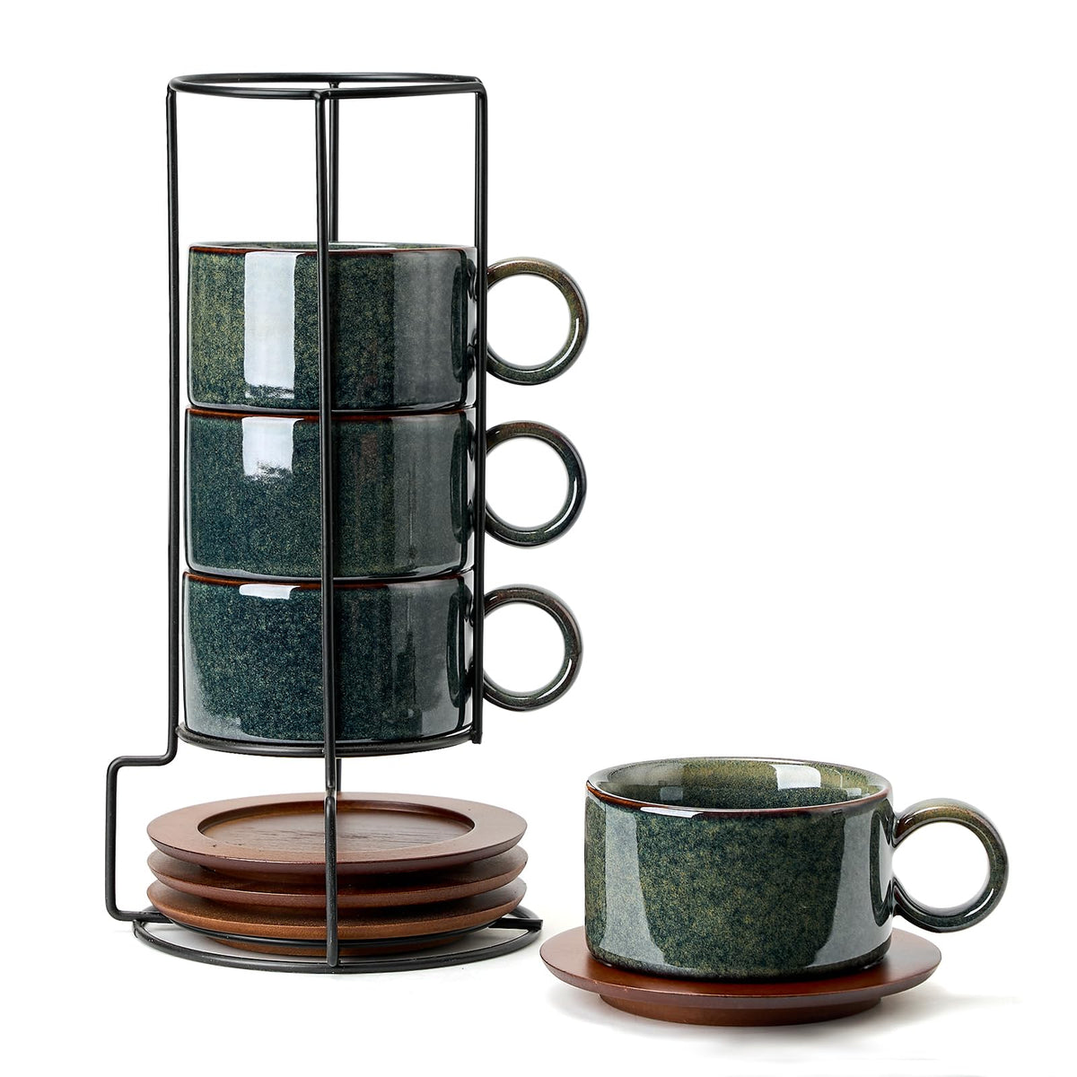 LUKA 6 oz porcelain espresso cups with saucers and stand for organized serving.