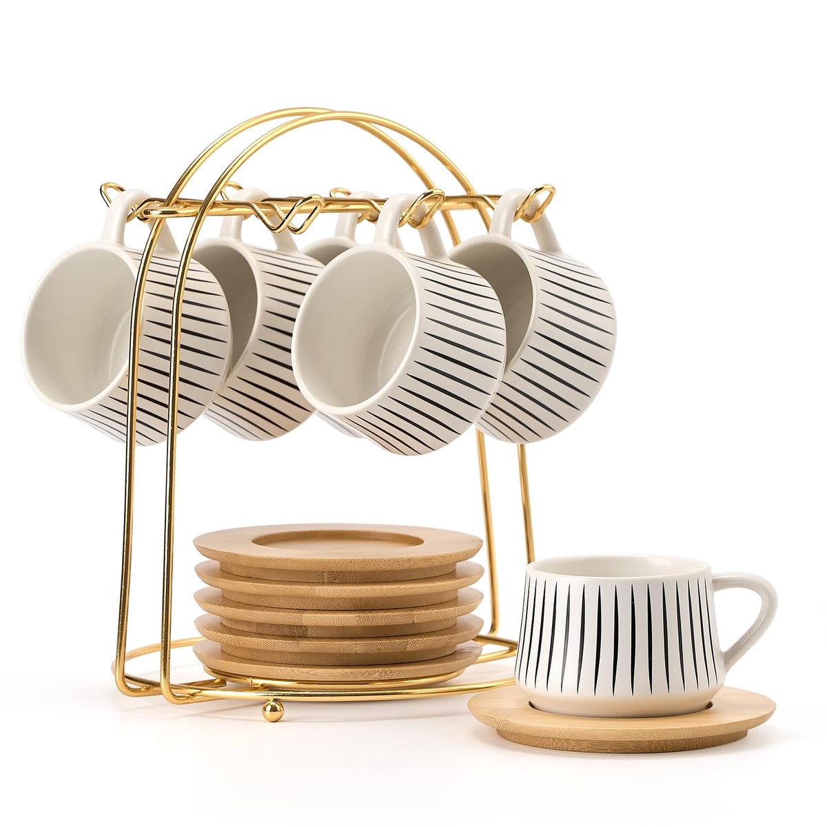 LUKA demitasse cups with saucers and metal holder showing space-saving setup.