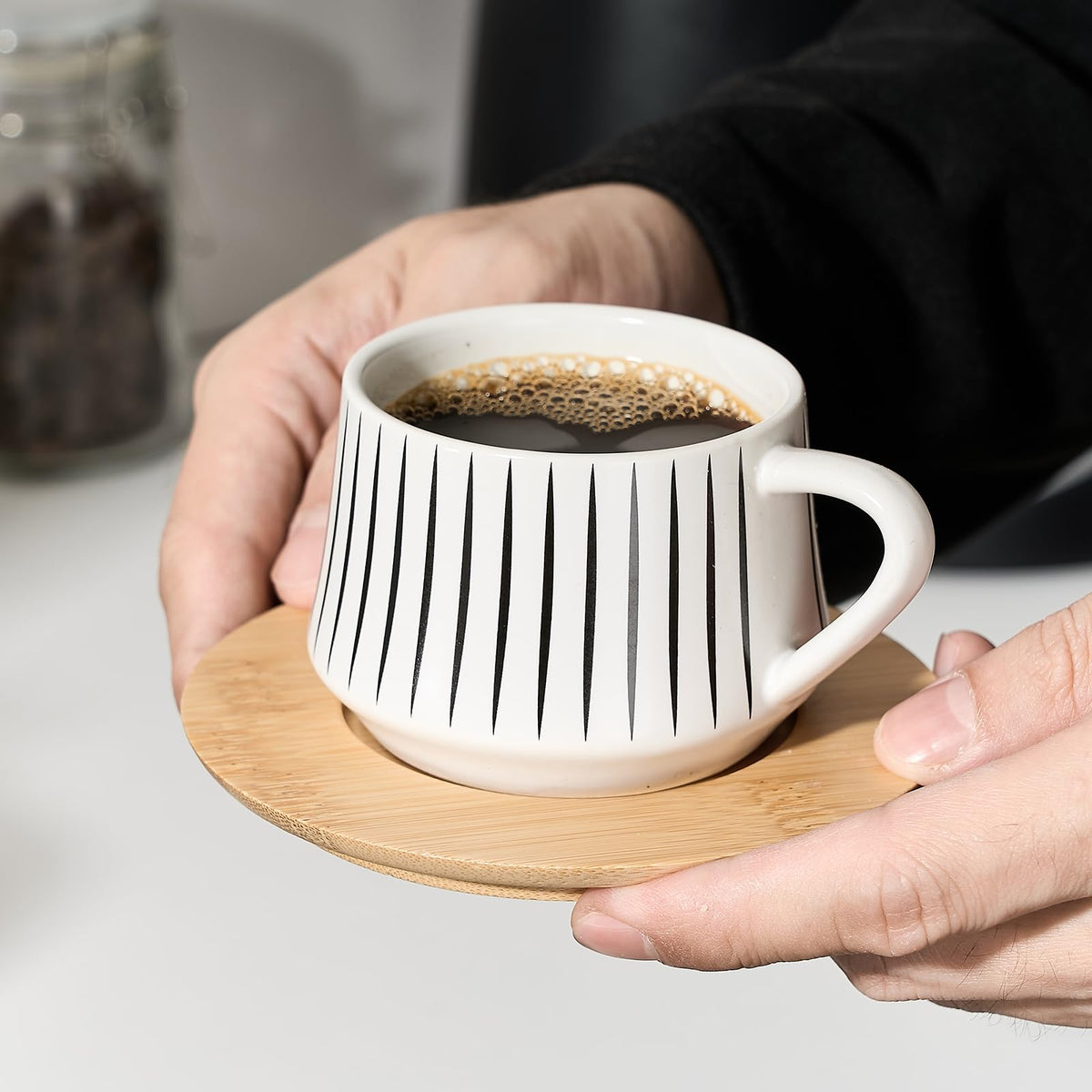 LUKA porcelain cups ready for espresso, tea, or latte.