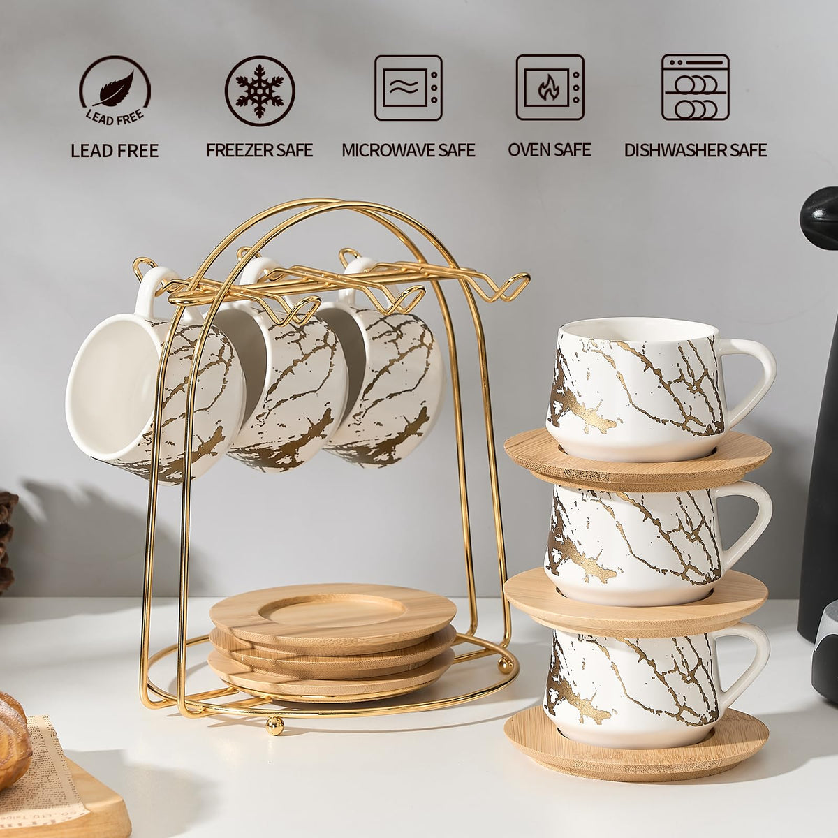 LUKA metal stand holds cups and saucers for neat display.