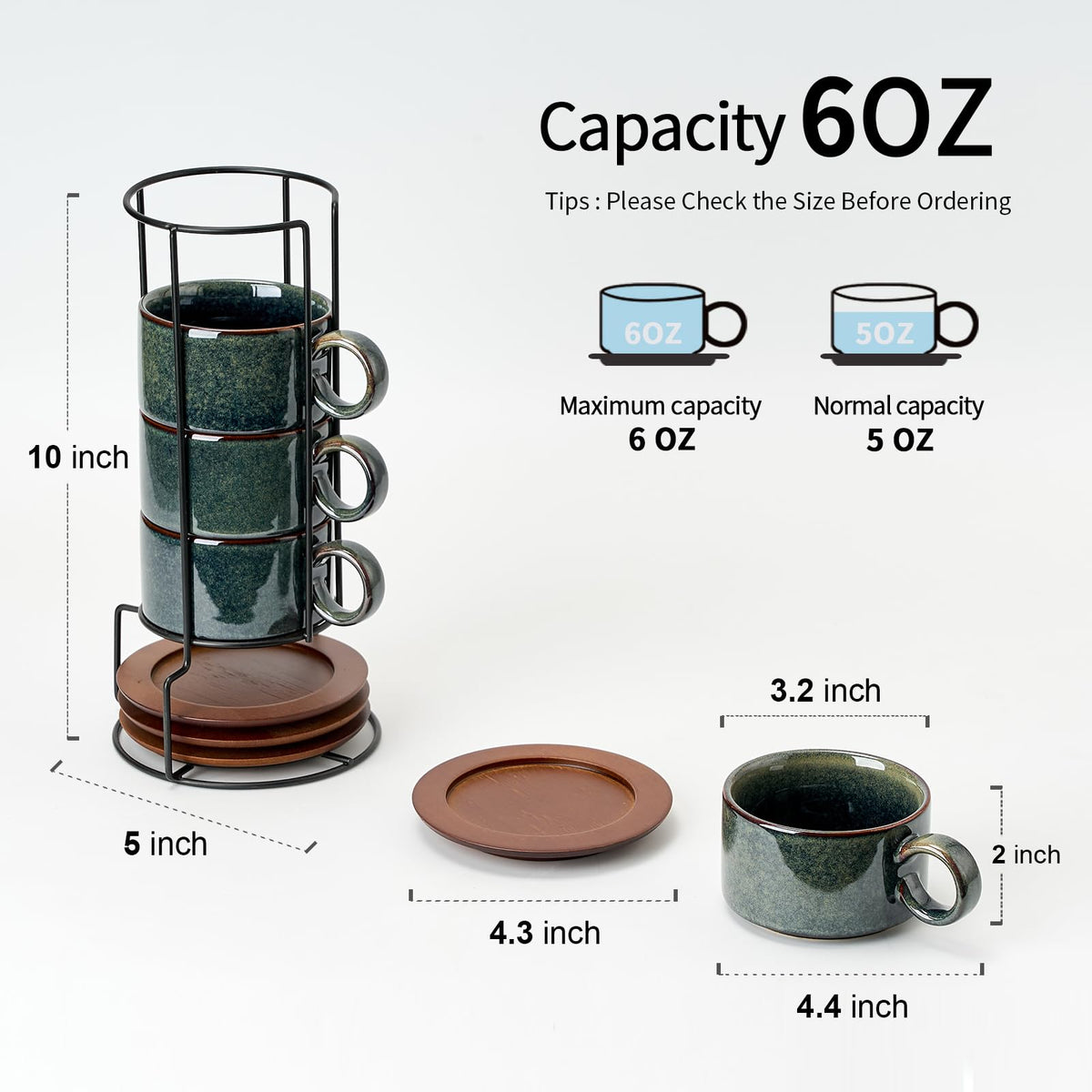 LUKA stackable espresso cups with saucers on an iron stand save space.