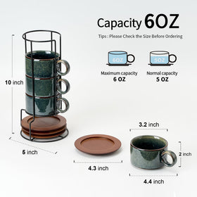 LUKA stackable espresso cups with saucers on an iron stand save space.