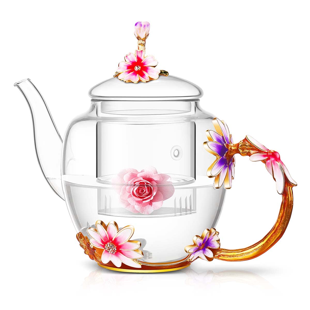 Luka Tech 350oz enamel glass teapot with daisy-handle, elevates tea moments.