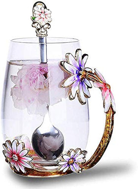Luka Tech enamel flower mug in purple tall – handmade glass beauty for daily tea rituals.