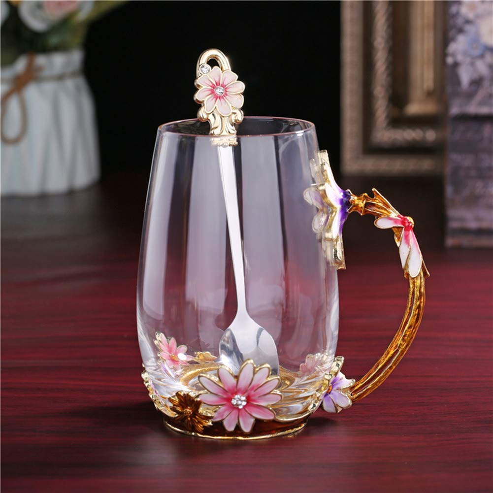 Luka Tech handmade glass mug detail – unique artisan cup with flower motif.