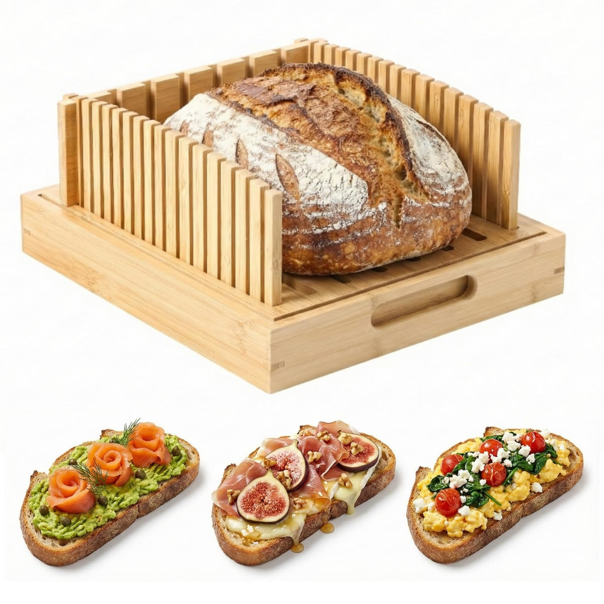 LukieBoee bamboo slicer with wide guide for even artisan loaf slices