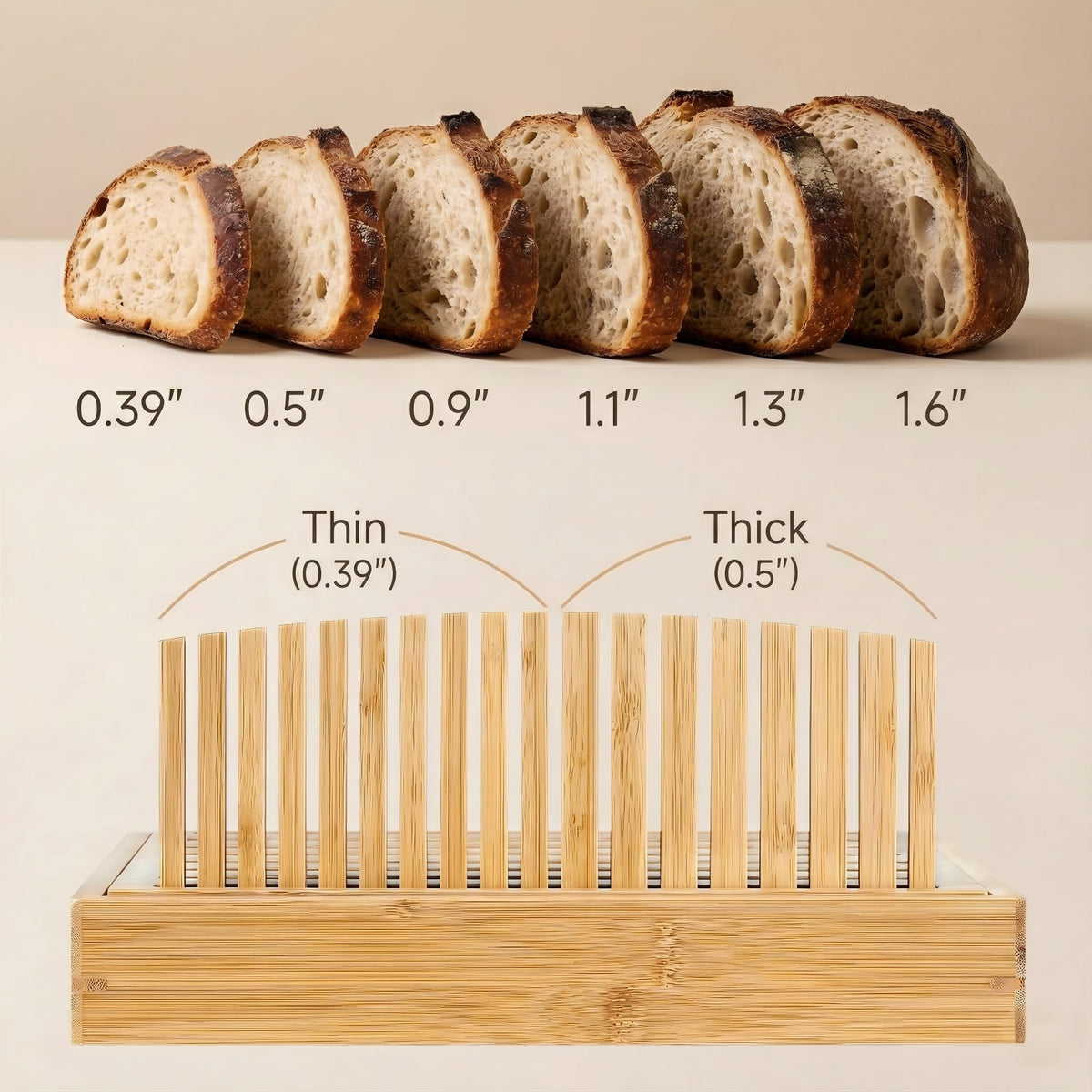 LukieBoee Bamboo Bread Slicer crumb-tray traps crumbs for quick cleanup.