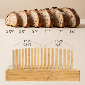 LukieBoee Bamboo Bread Slicer crumb-tray traps crumbs for quick cleanup.