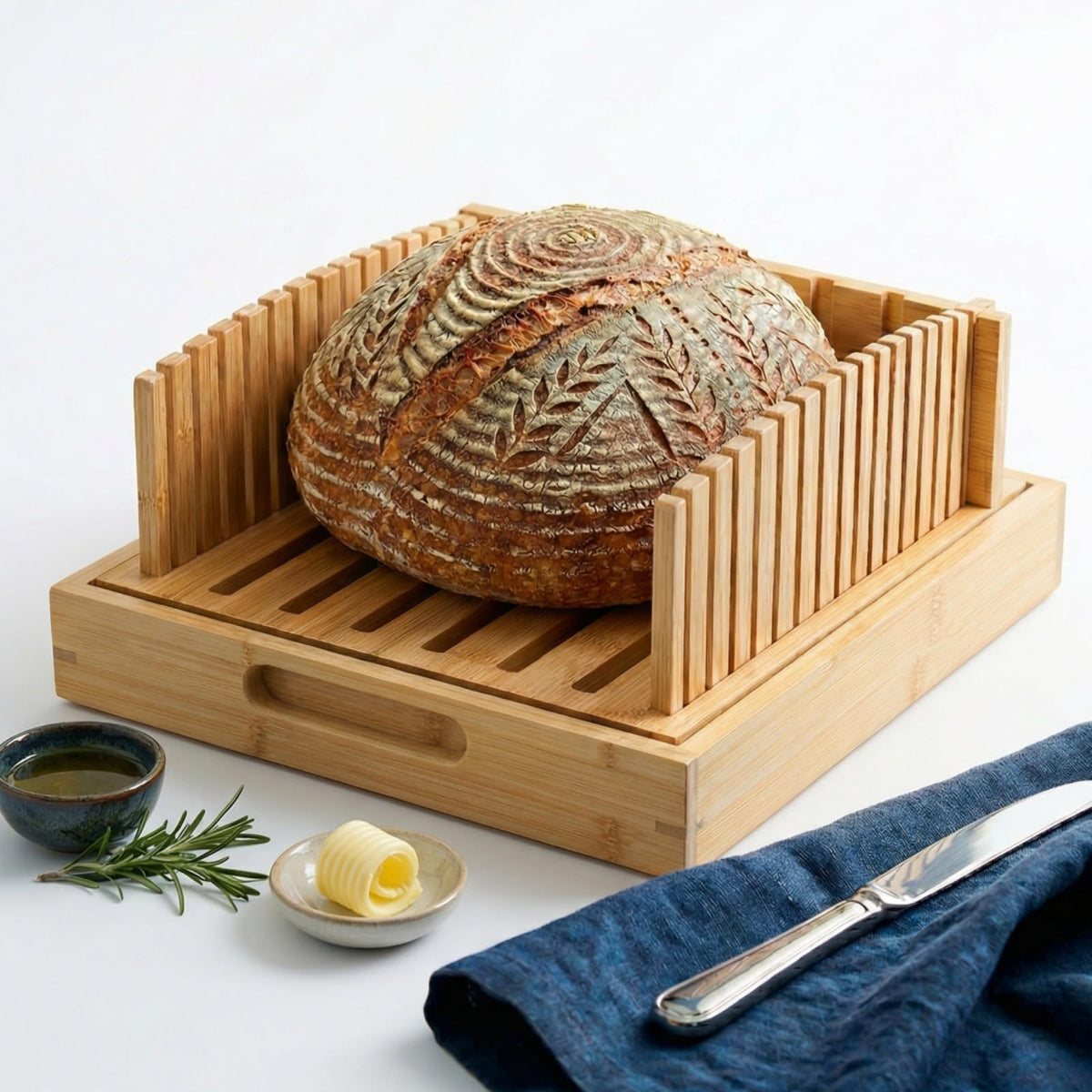 LukieBoee bamboo sourdough slicer top view shows sturdy mortise and tenon joints for stability