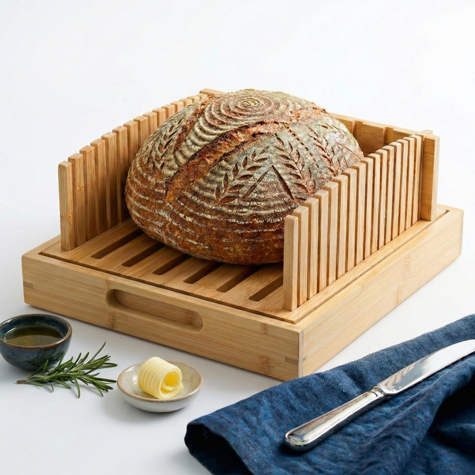 LukieBoee bamboo sourdough slicer top view shows sturdy mortise and tenon joints for stability