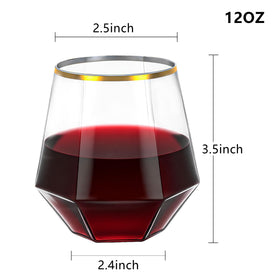 Lullaby plastic wine glasses with gold rim offer durable party tableware