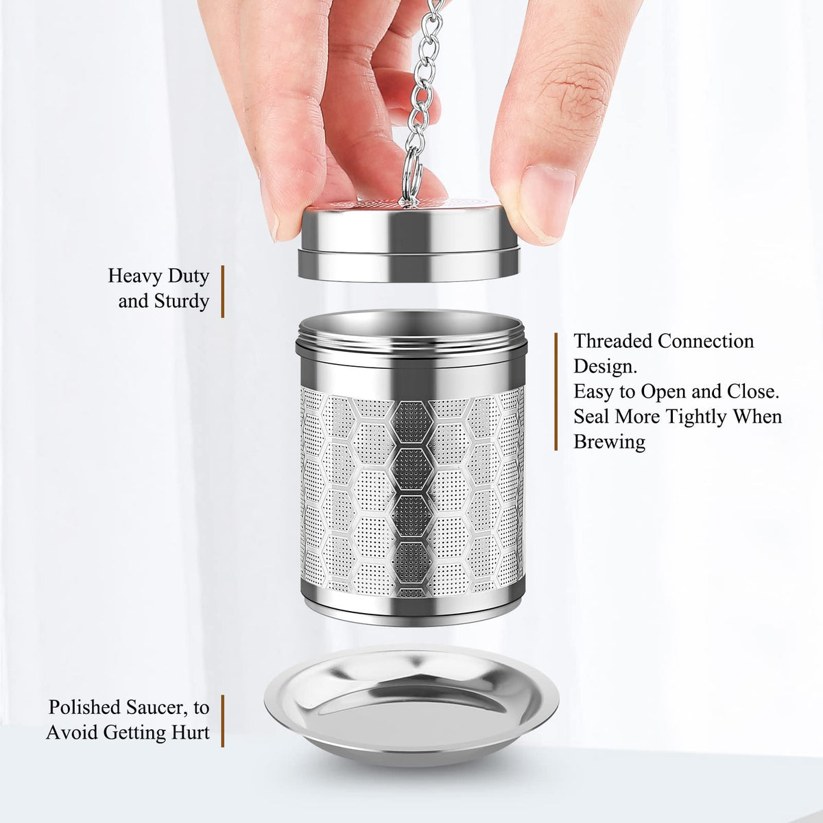 Extended 4.7-inch chain fits most mugs and teapots.