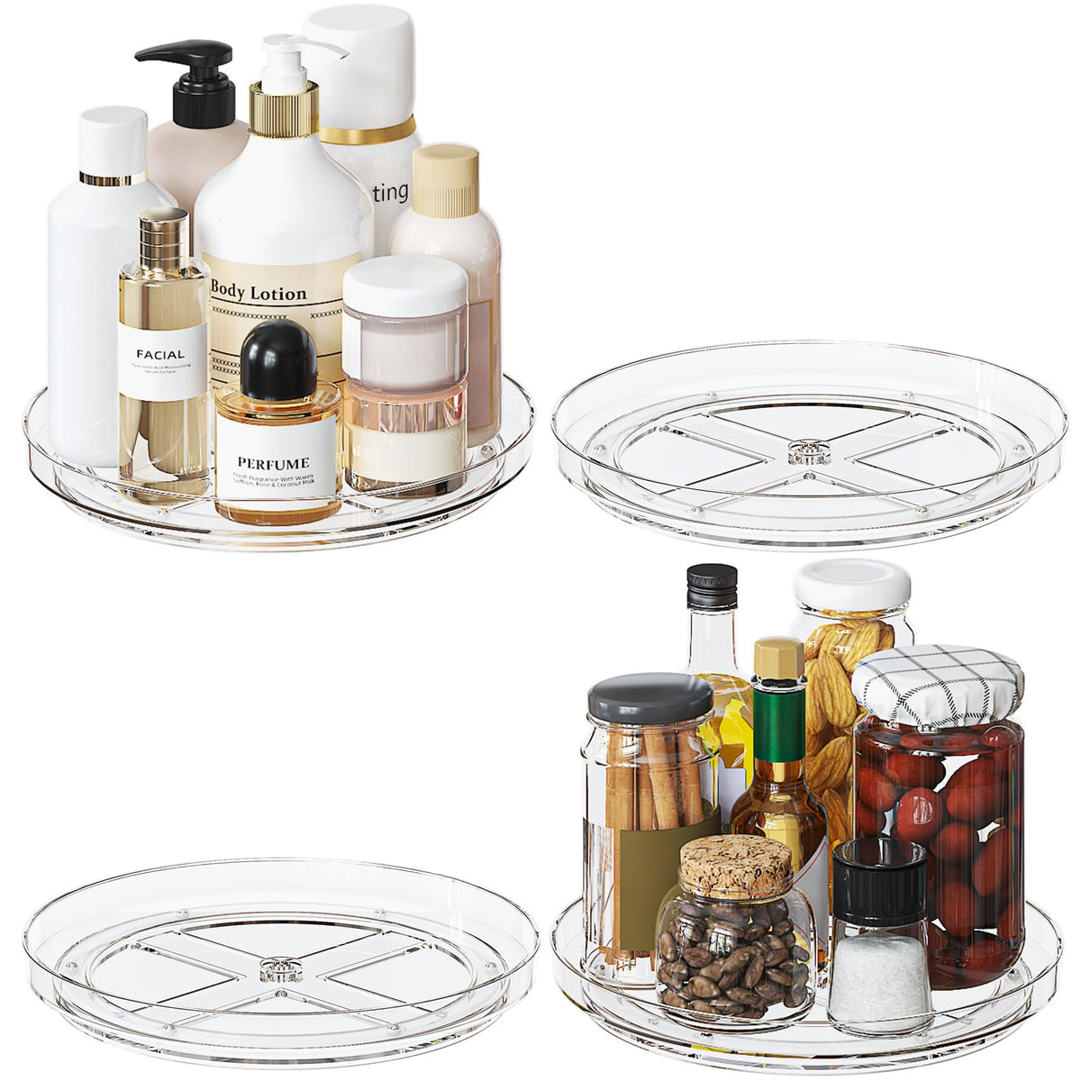 Lulltou 4-pack 9-inch clear lazy Susan on cabinet shelf for easy access.