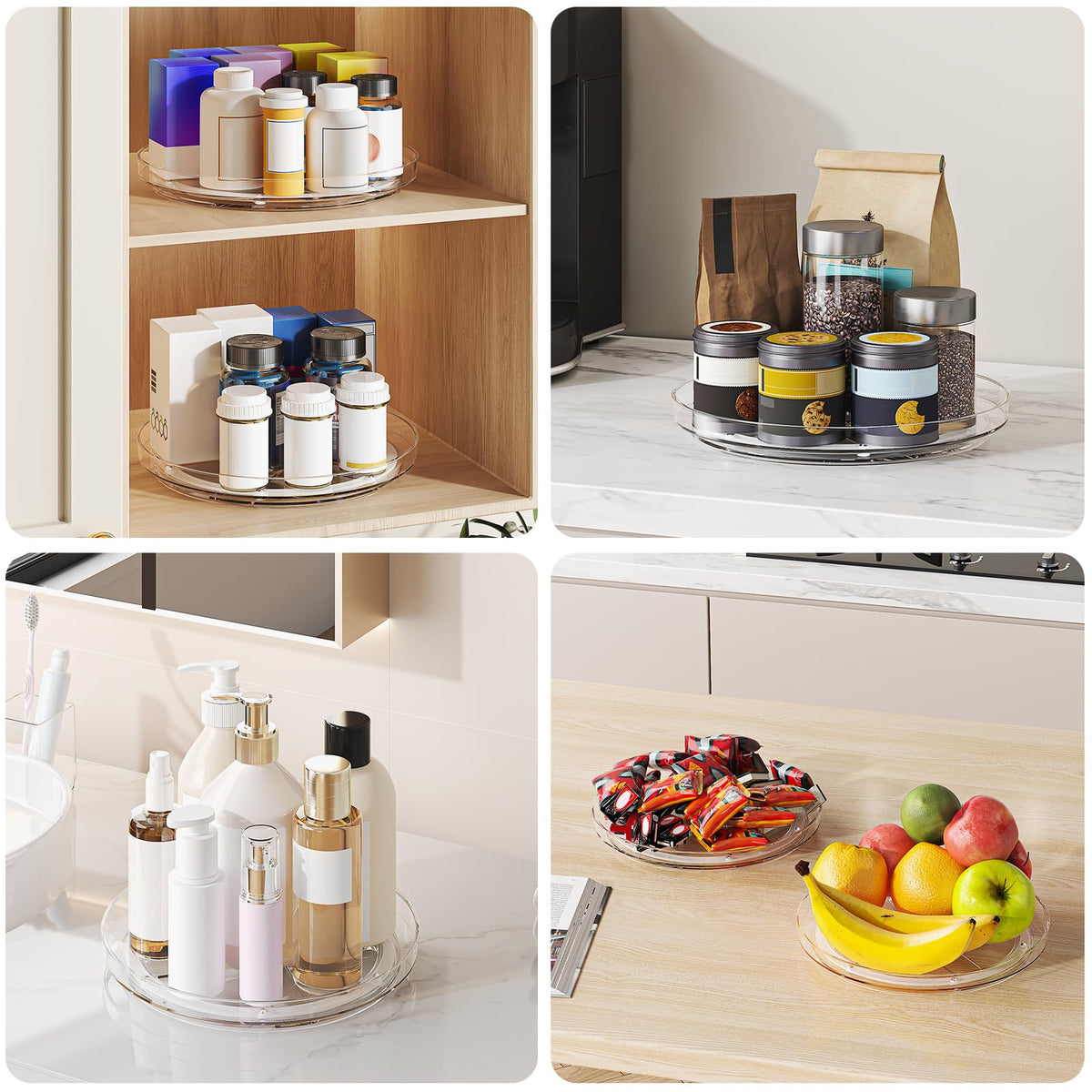 Lulltou 4-pack 9-inch clear lazy Susan easy-access kitchen organizer.