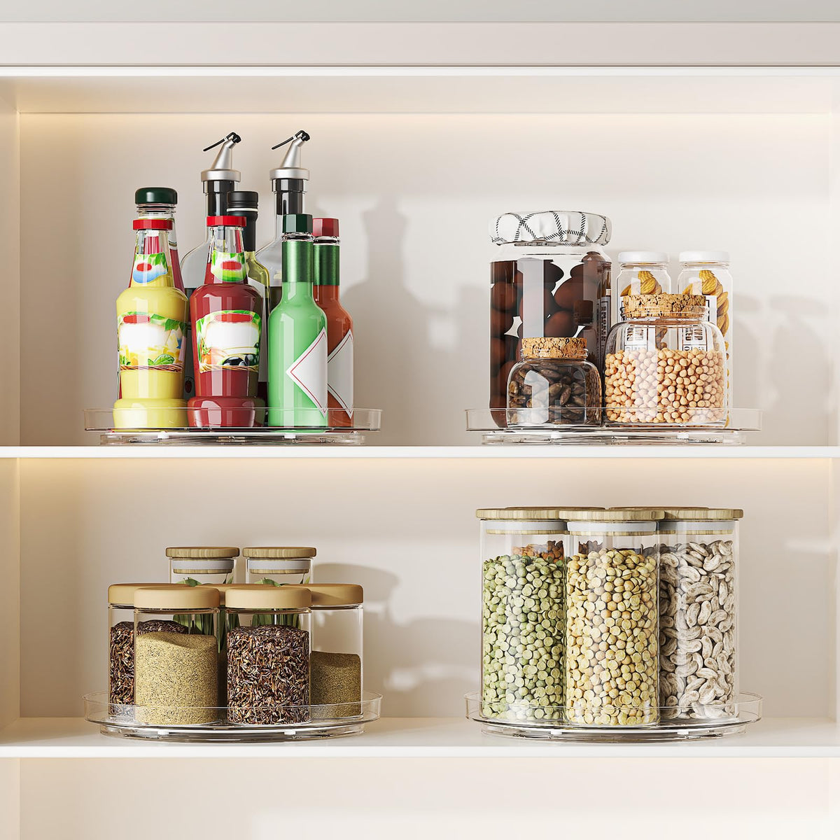 Lulltou 4-pack 9-inch clear lazy Susan in fridge for quick reach.