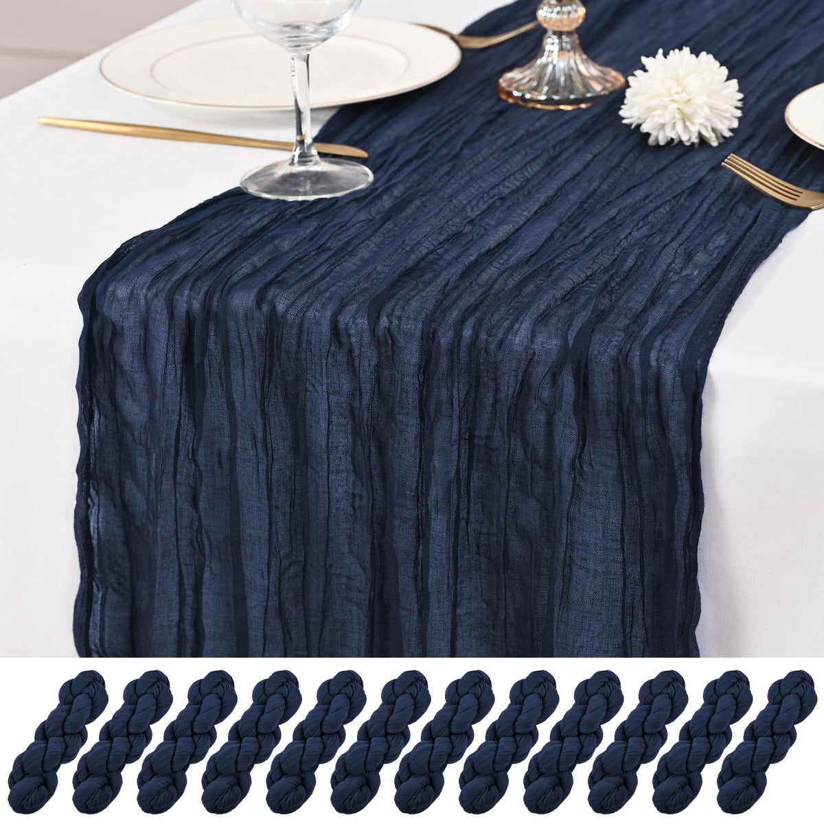 Lumaycens 12-pack navy blue cheesecloth table runner adds romantic elegance to wedding tables.