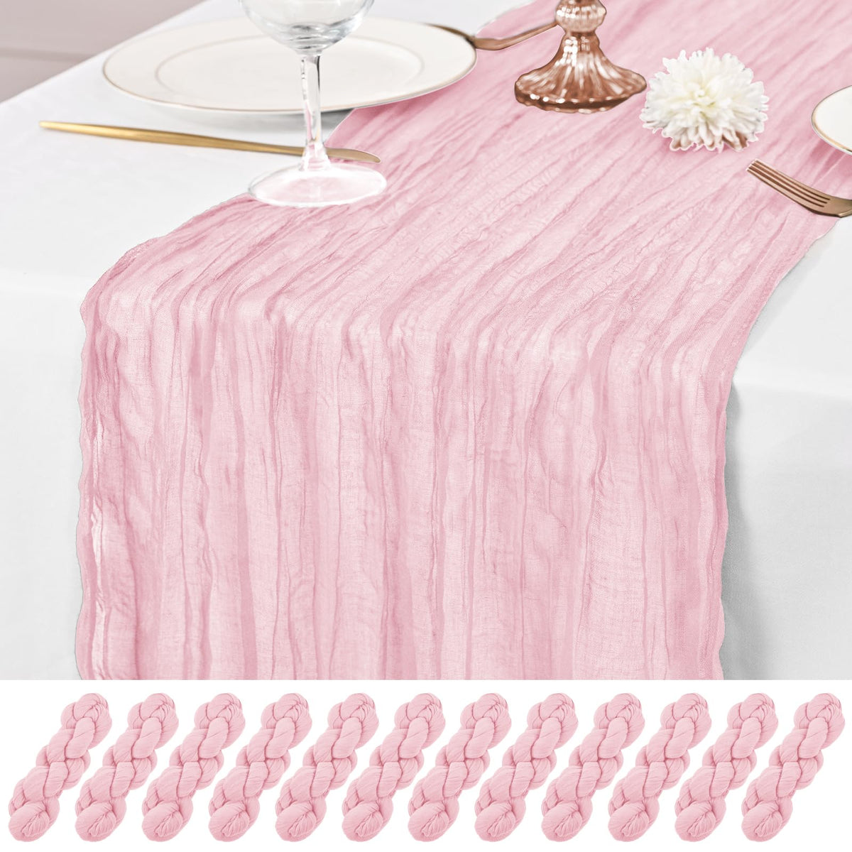 Lumaycens pink cheesecloth table runner 12-pack amplifies elegance on long 10ft tables