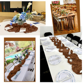 Lumaycens brown table runner closeup shows soft sheer gauze fabric.