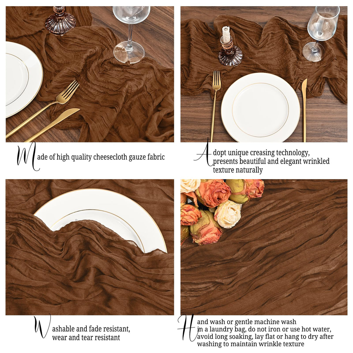 Lumaycens cheesecloth runner with pleated texture highlights centerpieces.