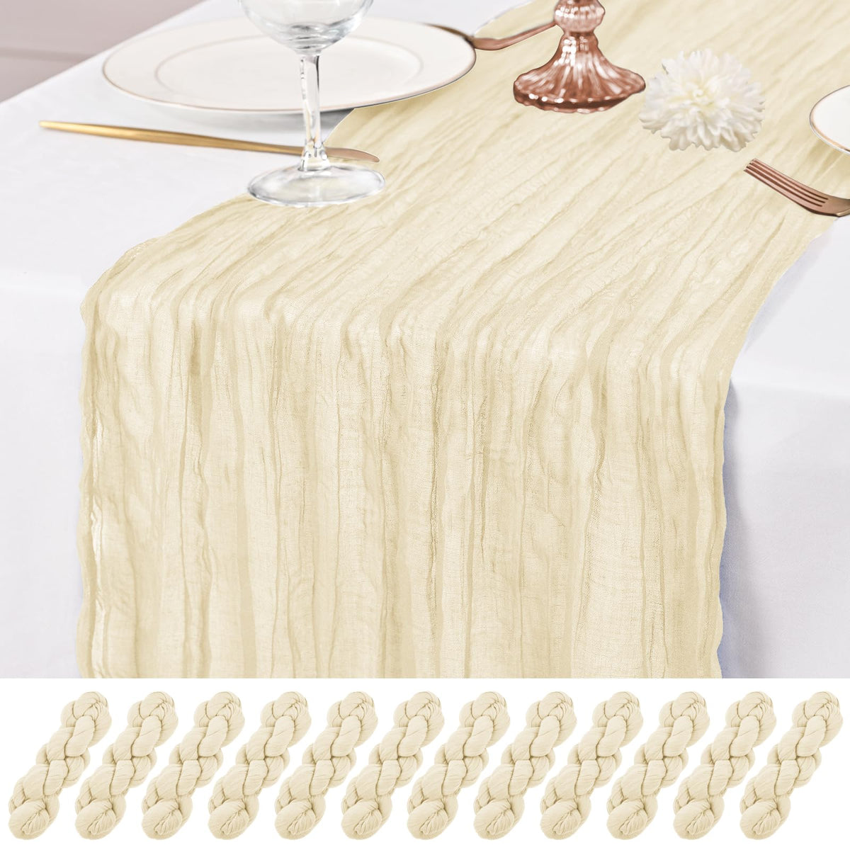 Lumaycens ivory cheesecloth table runner draped on a 10ft wedding table