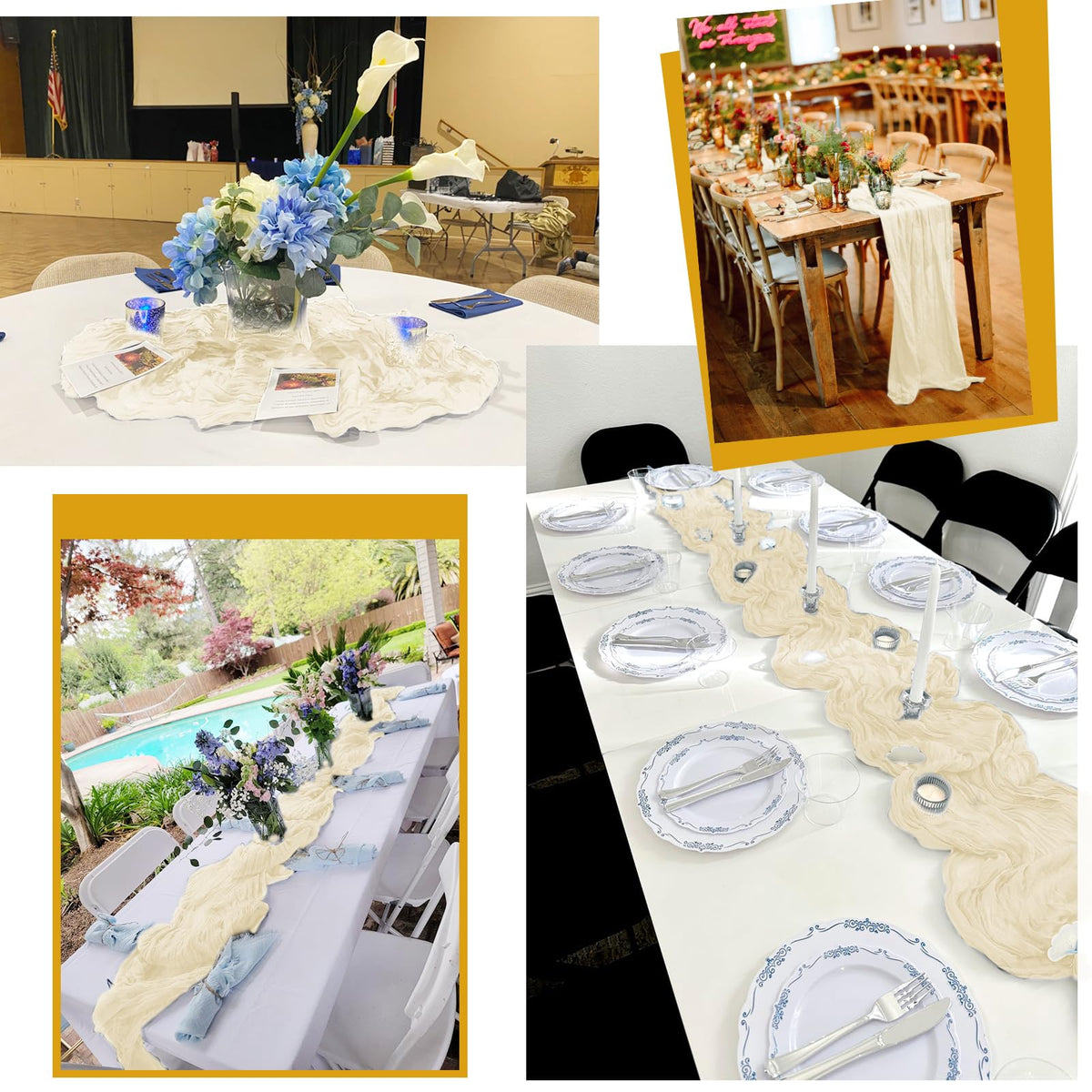 Lumaycens ivory cheesecloth table runner draped for a reception table