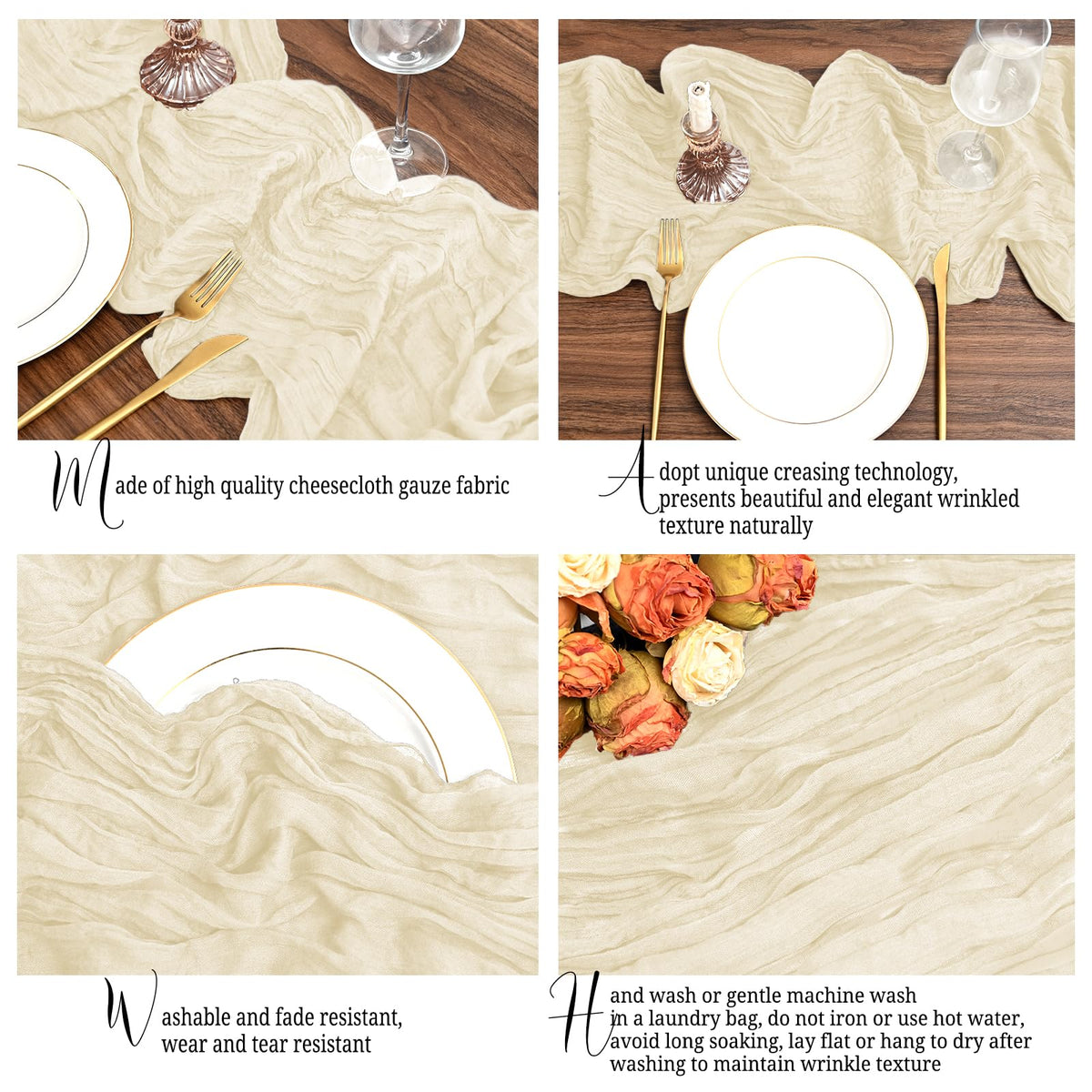 Lumaycens ivory cheesecloth table runner dressed on a dining table with centerpieces