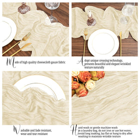 Lumaycens ivory cheesecloth table runner dressed on a dining table with centerpieces