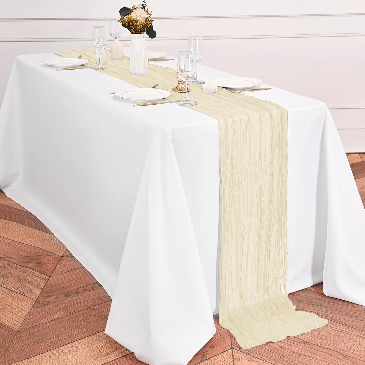 Lumaycens ivory cheesecloth table runner set for elegant wedding setup