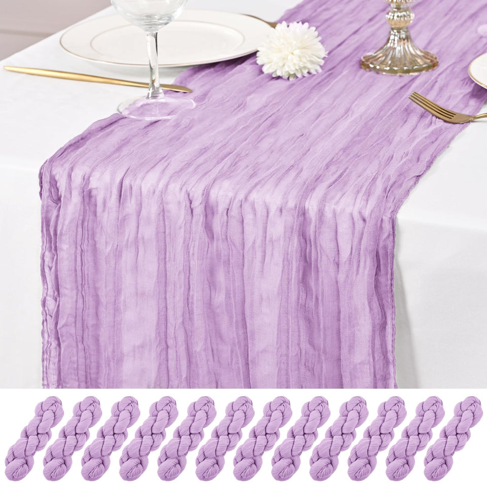 Lumaycens Lavender cheesecloth table runner drapes softly for elegant 10ft table settings.