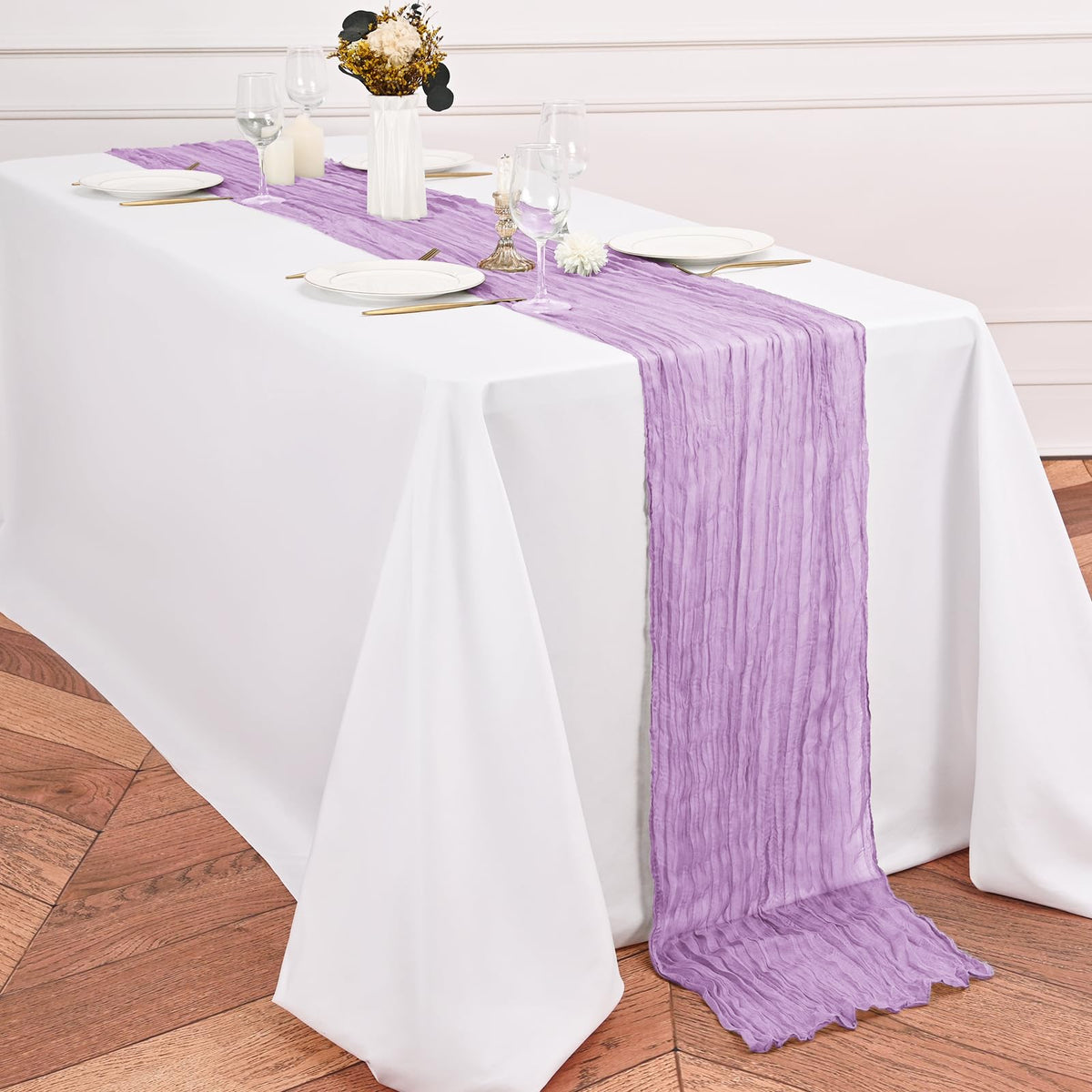 Lumaycens lavender cheesecloth runner enhances wedding and party setups.