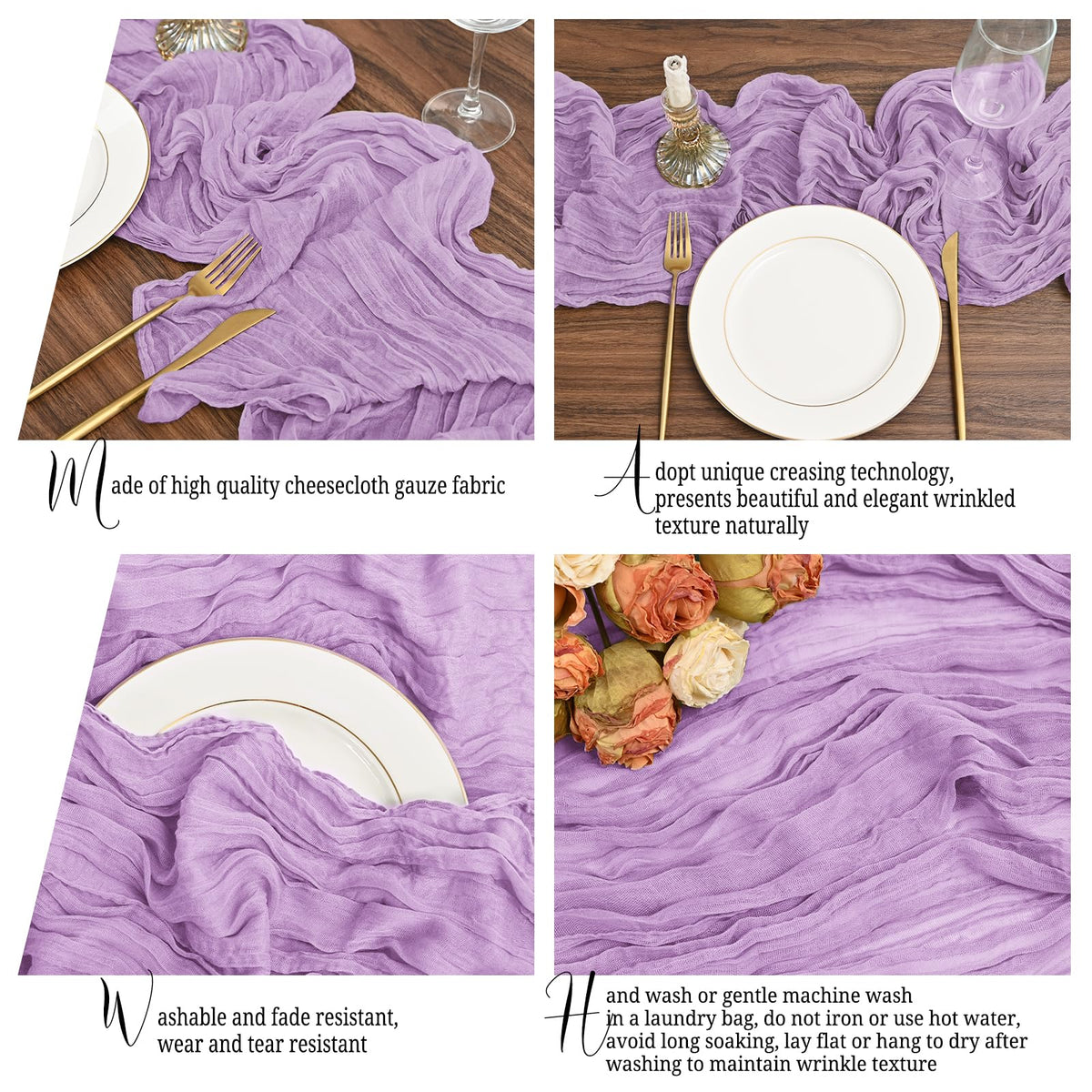 Lumaycens lavender table runner shows pleated detail for sophisticated decor.