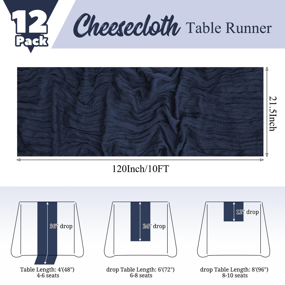 Lumaycens navy blue gauze table runner creates soft drape for ceremonies.