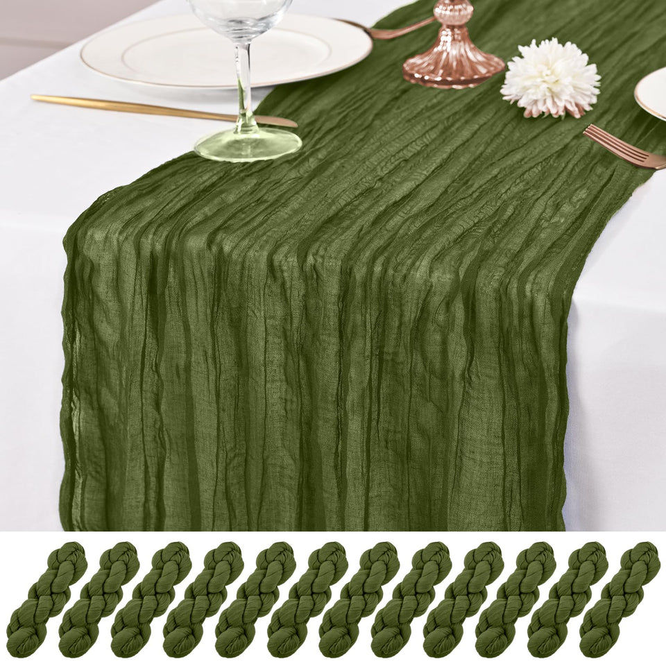 Lumaycens olive green table runner 10ft drapes elegantly for weddings.