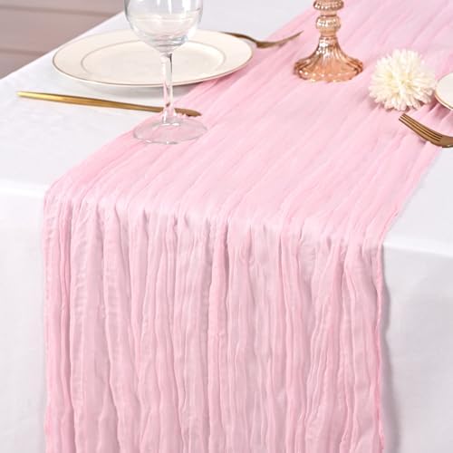 Lumaycens pink cheesecloth table runner 10ft drapes beautifully across tables