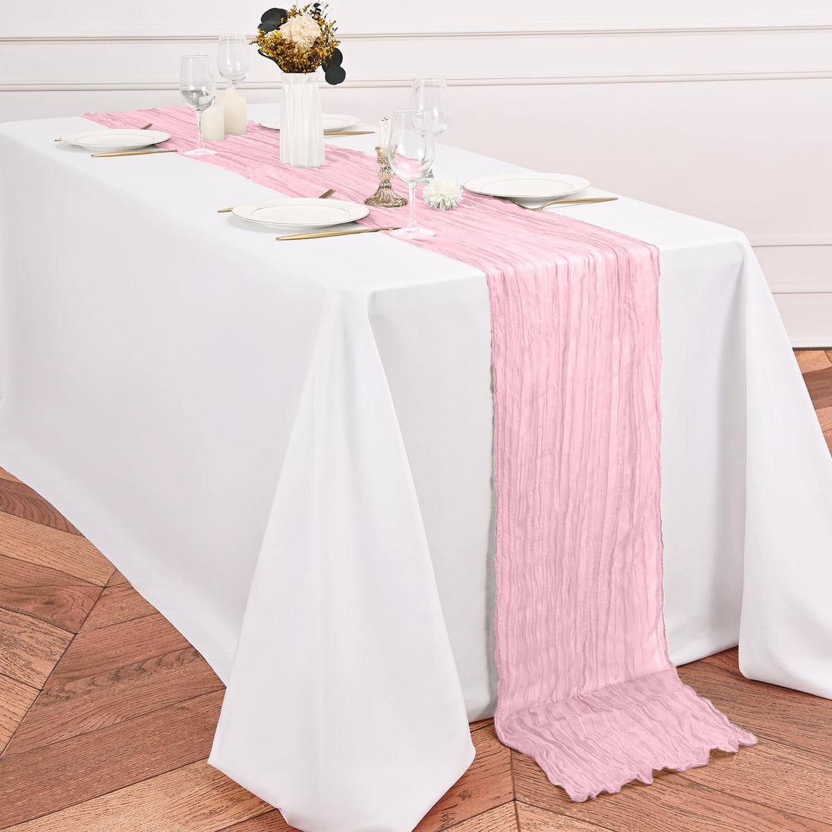 Lumaycens pink cheesecloth table runner baby shower decor adds gentle charm